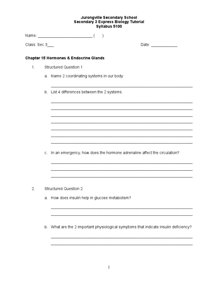 Chapter 15 Hormones & Endocrine Glands -Tutorial Worksheet
