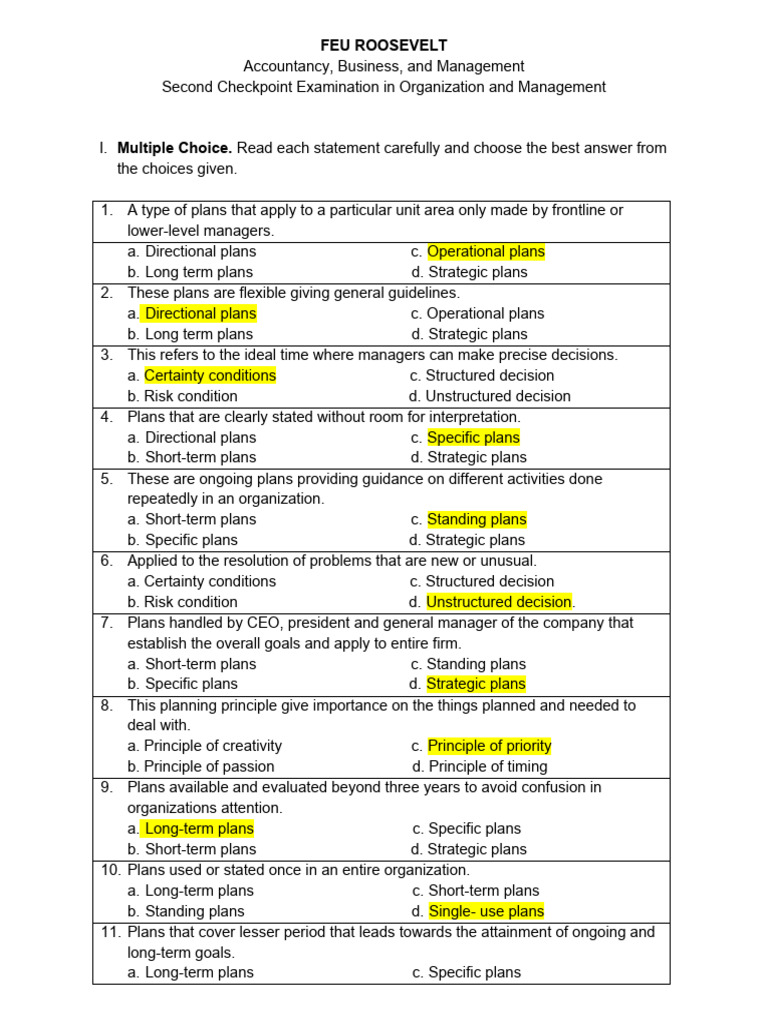 Second Checkpoint Exam in Organization and Management | PDF ...