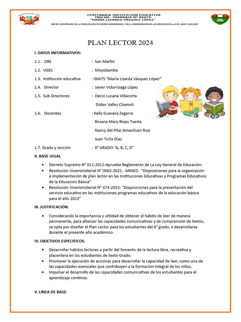 Plan Lector 2024 para Sexto Grado | PDF | Maestros | Perú
