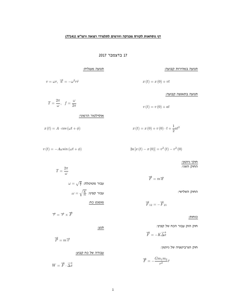 Formula Sheet Mechanics Med17 | PDF