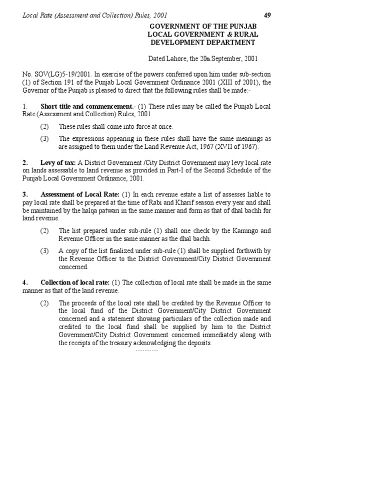 Punjab Local Rate Collection Rules 2001 | PDF | Home & Garden