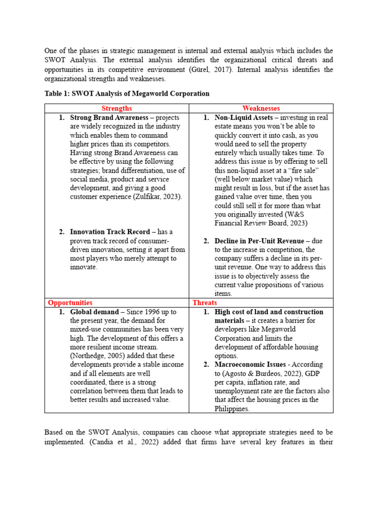 Megaworld Corporation SWOT Analysis | PDF | Macroeconomics | Swot Analysis