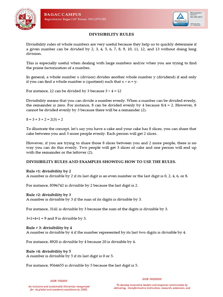 Notes On Divisibility Rules | PDF | Division (Mathematics) | Discrete ...
