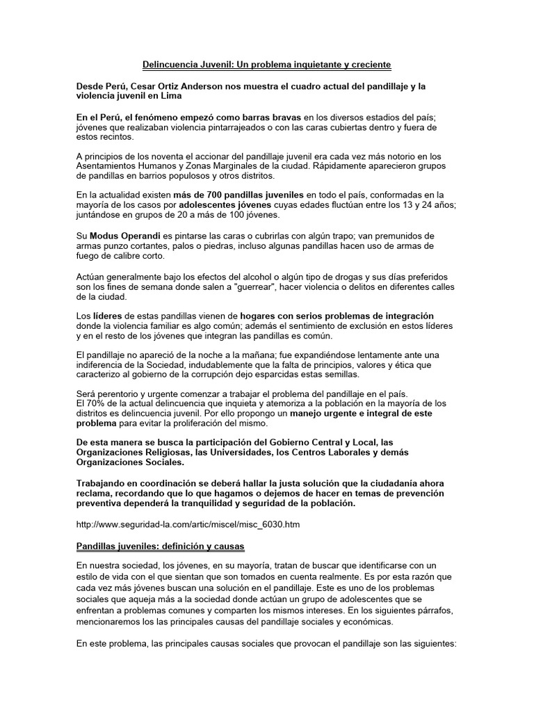 Delincuencia Juvenil en Perú: Causas y Soluciones | PDF | La ...