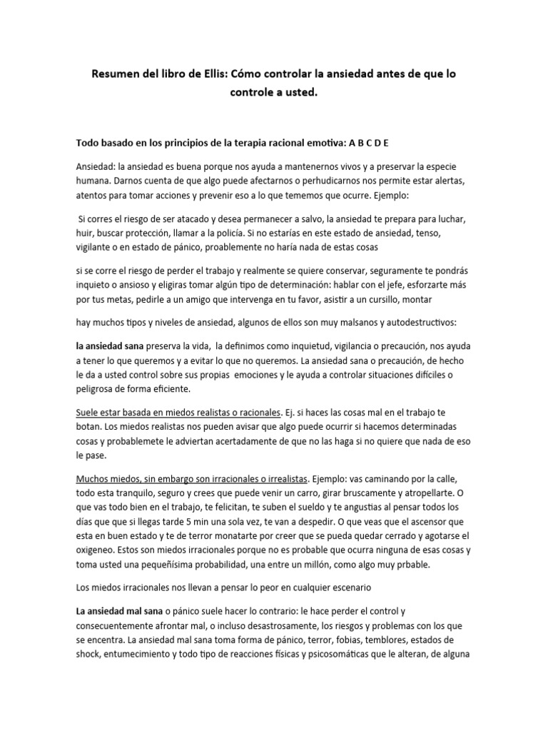 Resumen Del Libro de Ellis - Controlar La Ansiedad. | PDF | Ansiedad | Ira
