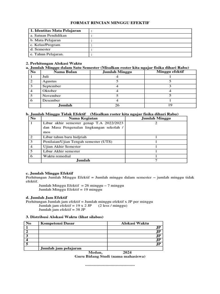 Rincian Format Minggu Efektif 2024 | PDF