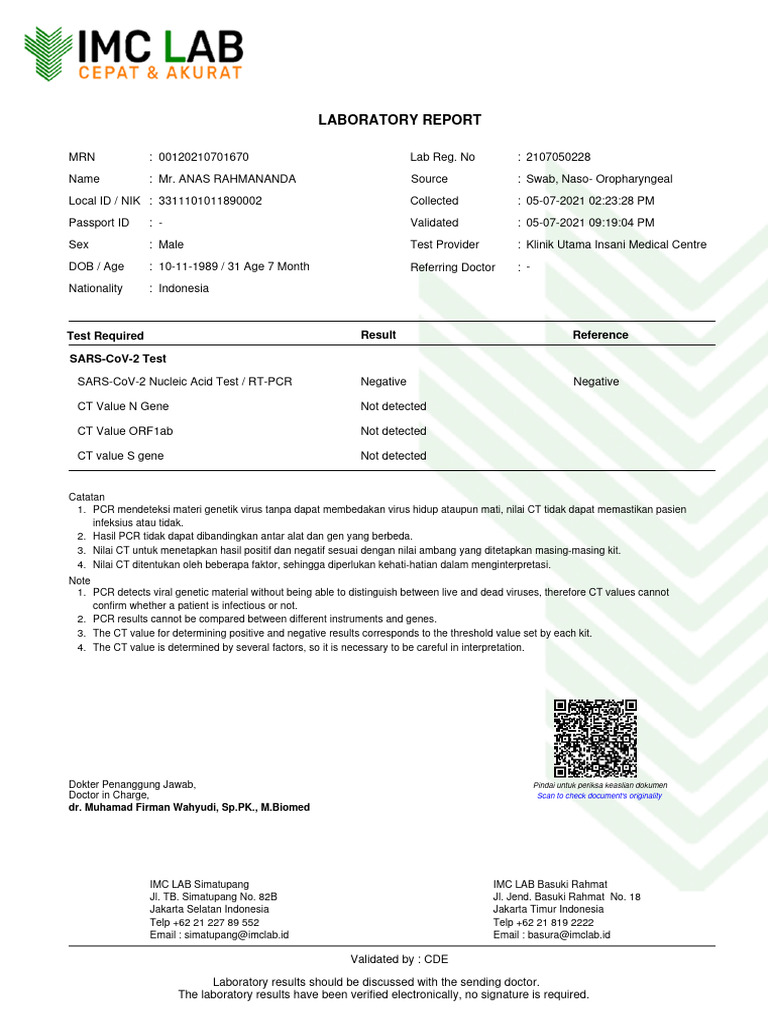 Laboratory Report: Test Required Result Reference Sars-Cov-2 Test | PDF ...