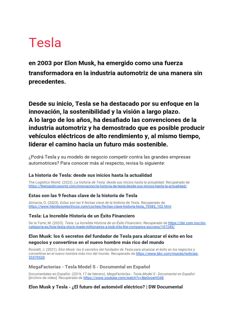 Tesla: Innovación y Liderazgo Automotriz | PDF | Elon Musk | Coche ...