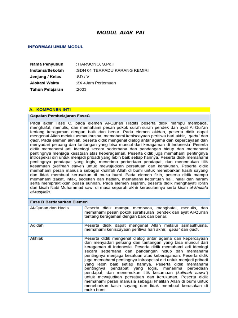 Modul Ajar PAI Kelas 5 Semester 2 | PDF