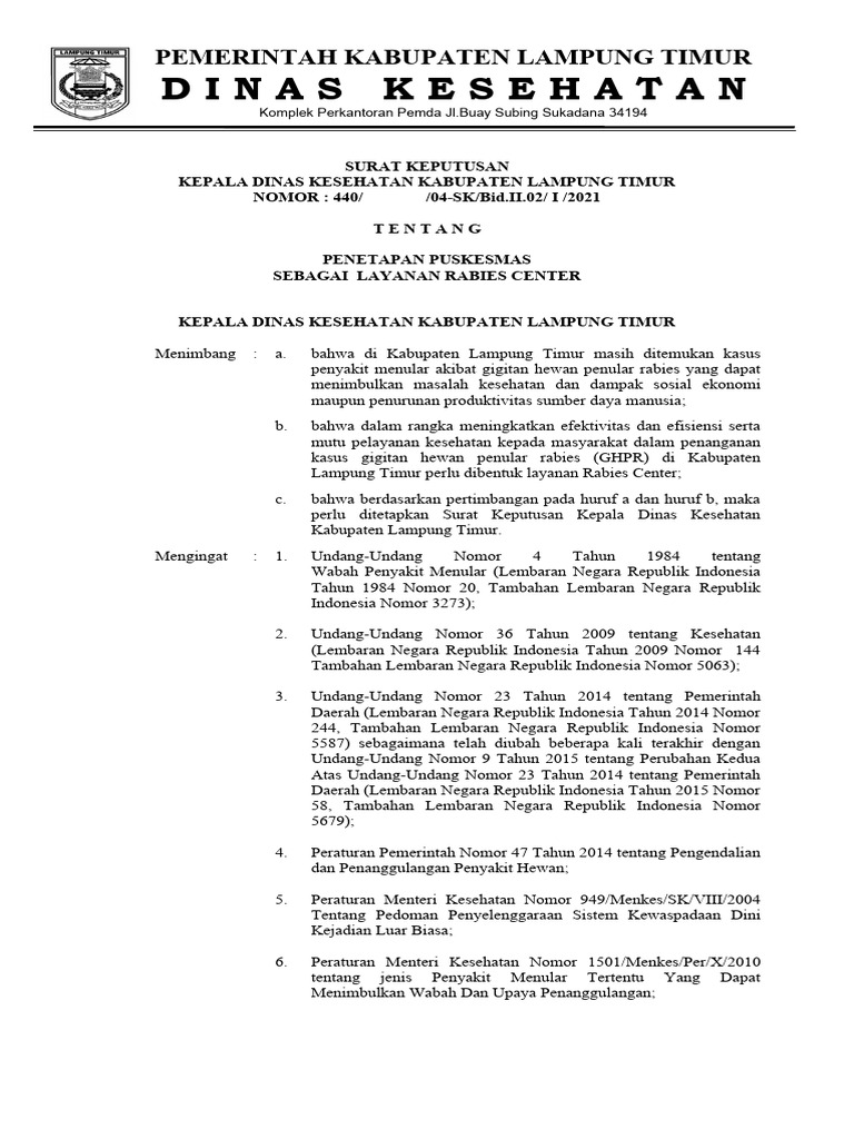 Penetapan Puskesmas sebagai Rabies Center | PDF