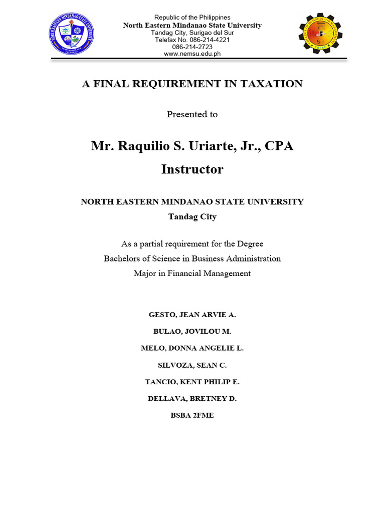 Taxation Final Requirement - NEMSU BSBA | PDF | Social Science | Wellness