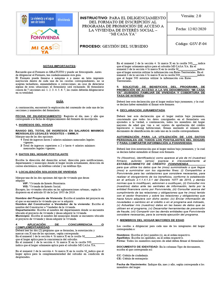 Formulario De Inscripción Al Programa Mi Casa Ya – EKPQZJ