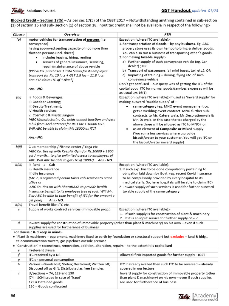 Blocked Credit Under GST: Section 17(5) | PDF | Economies