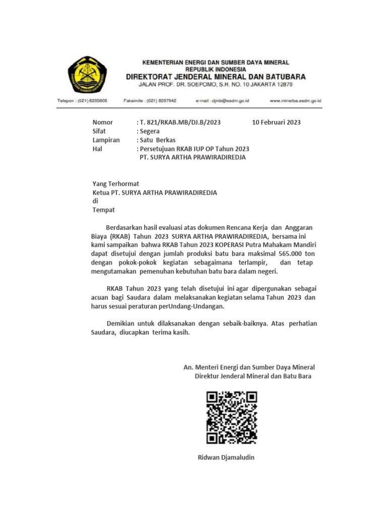 Persetujuan RKAB 2023 PT Surya Artha | PDF
