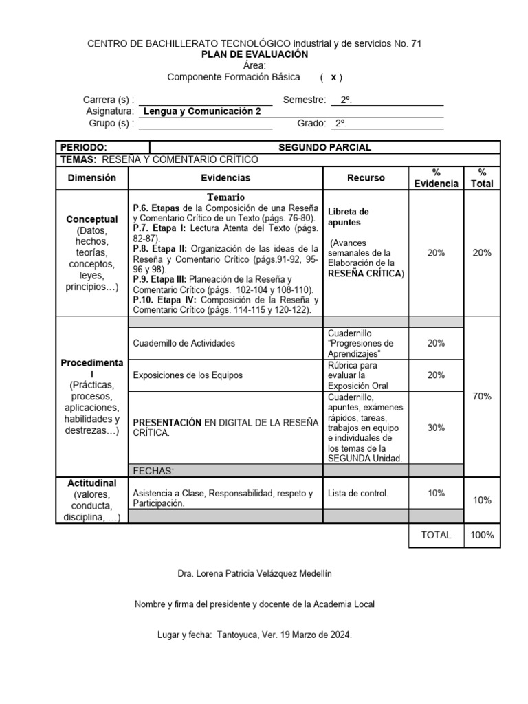 Plan de Evaluación Lengua y Comunicación 2 | PDF | Evaluación | Aprendizaje