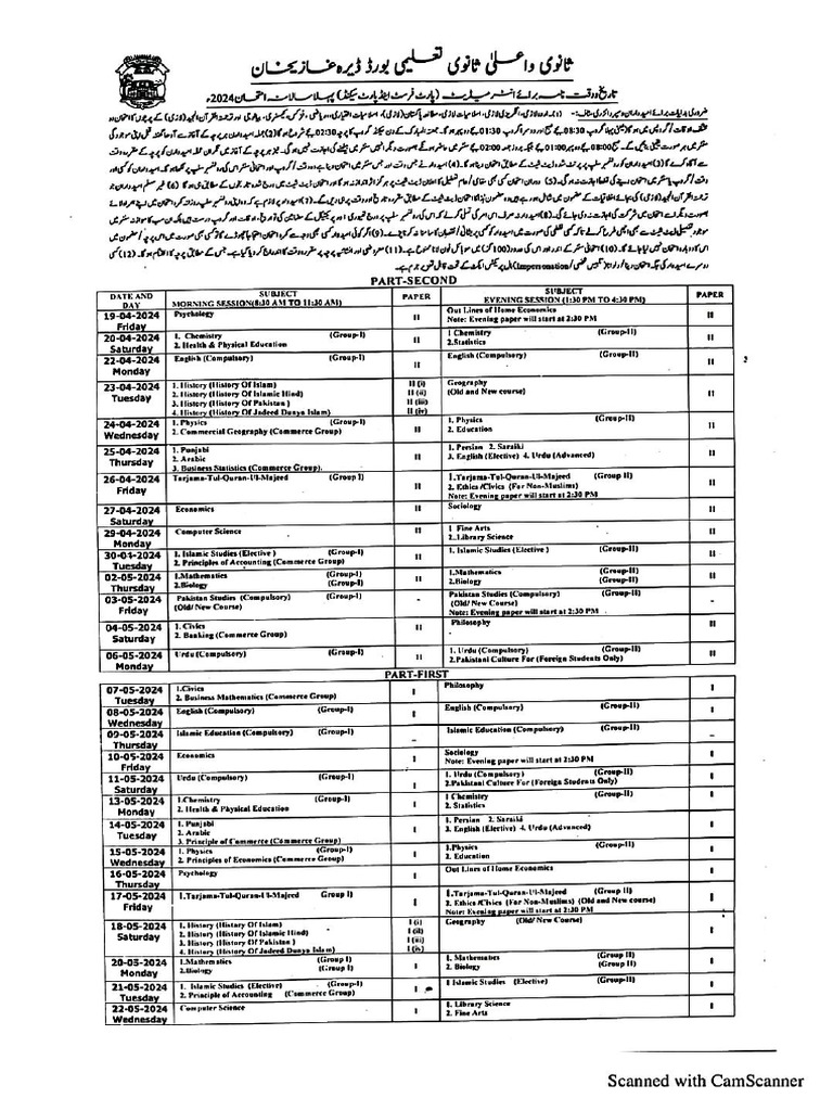 Date Sheet Intermediate Part 1 & 2 Annual Examination 2024 | PDF
