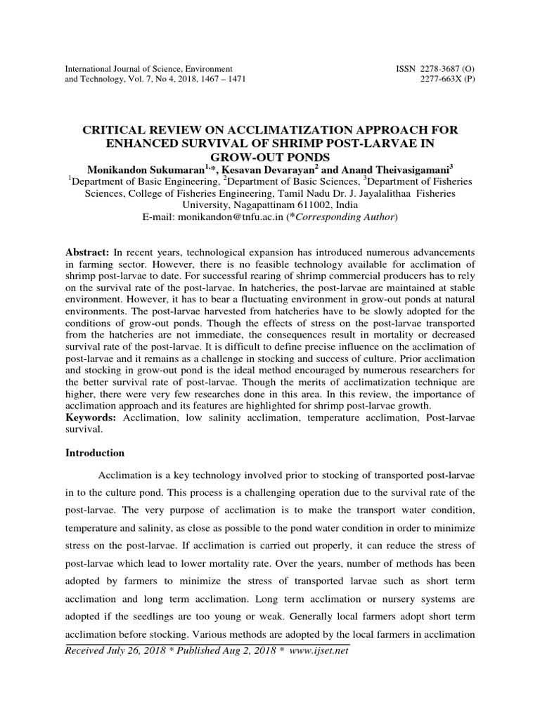 Critical review on acclimatization approach for enhanced survival of