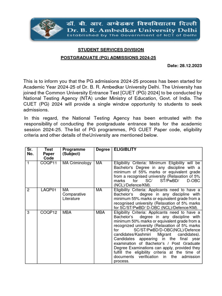 PG Admissions 2024-25 at Ambedkar University | PDF | Academic Degree ...