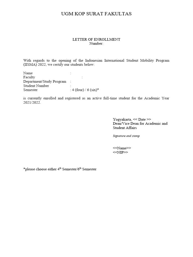 Letter of Enrollment UGM Template PDF Letter of Enrollment UGM Template PDF