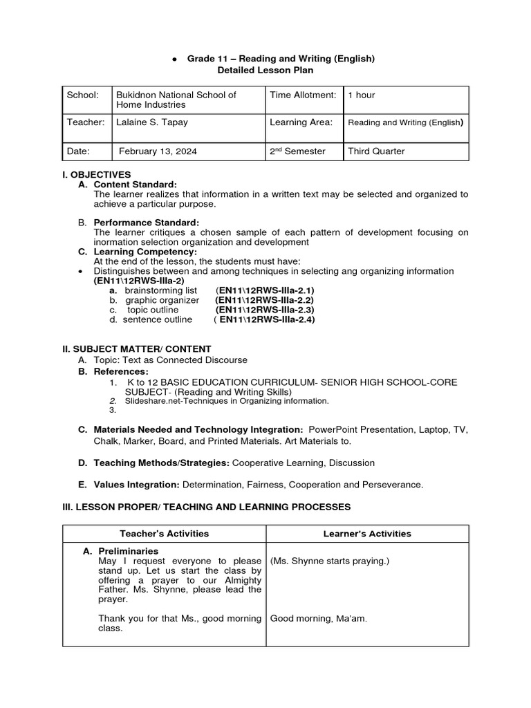 Grade 11 English Lesson Plan: Organizing Ideas | PDF | Chart ...