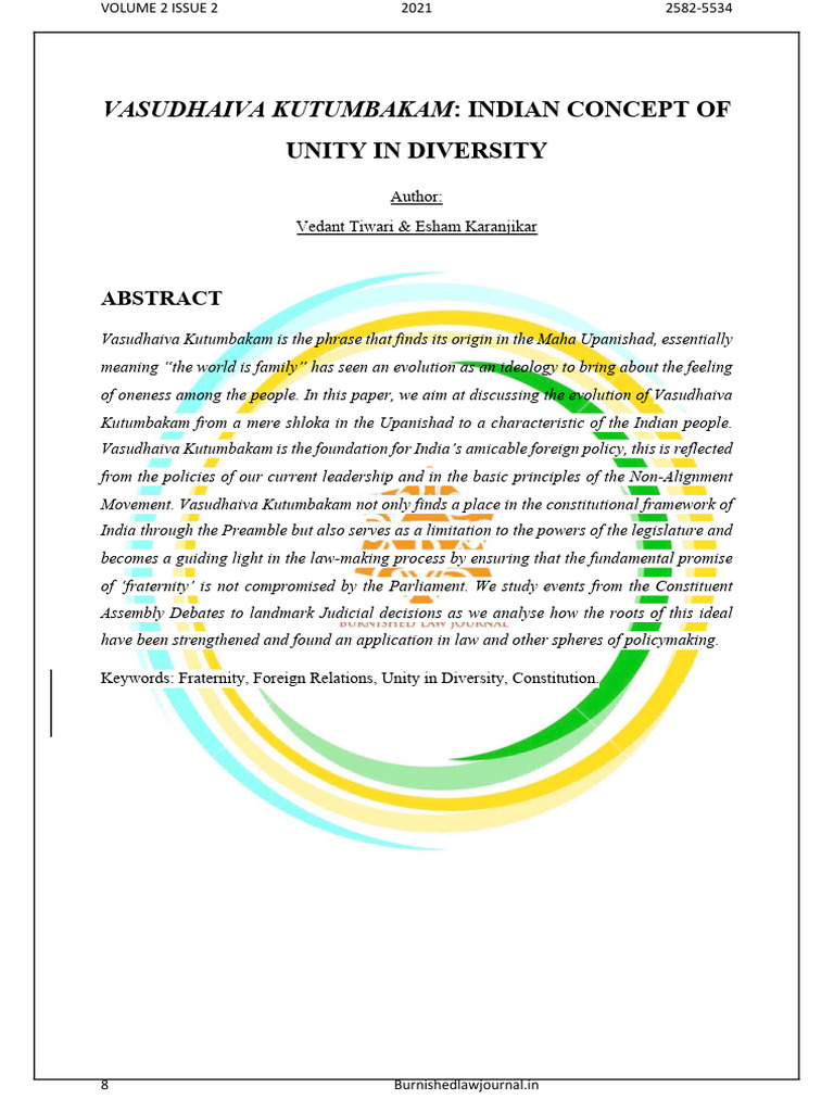 VASUDHAIVA KUTUMBAKAM INDIAN CONCEPT OF UNITY IN DIVERSITY Author ...