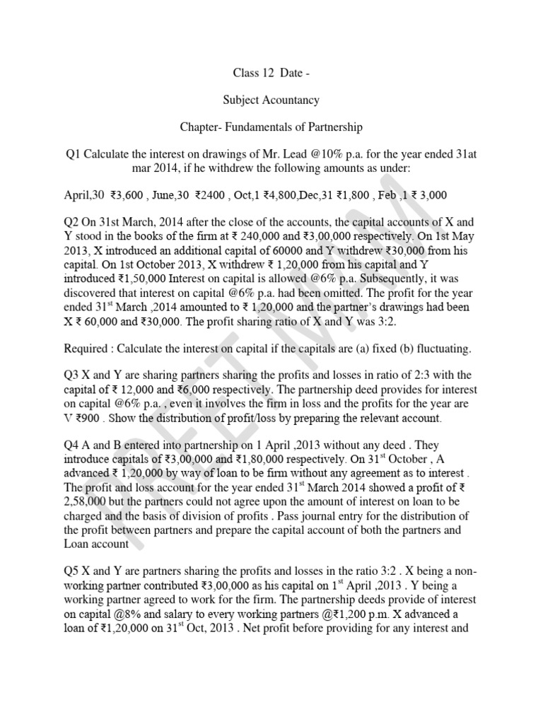 Partnership Fundamentals Class 12 Practice | PDF | Partnership | Interest