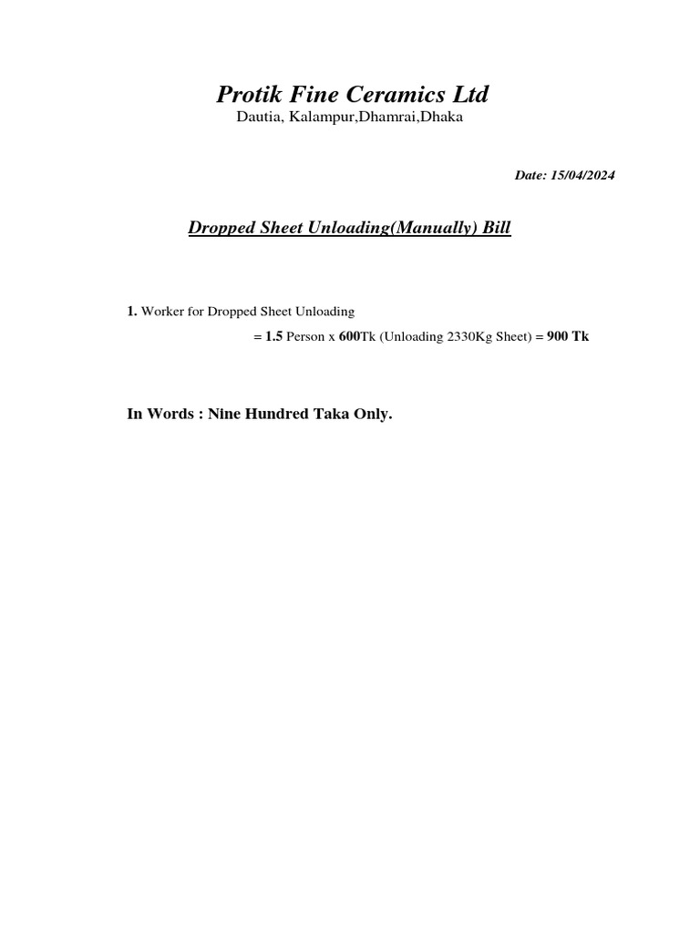 Dropped Sheet Unloading Bill Details | PDF