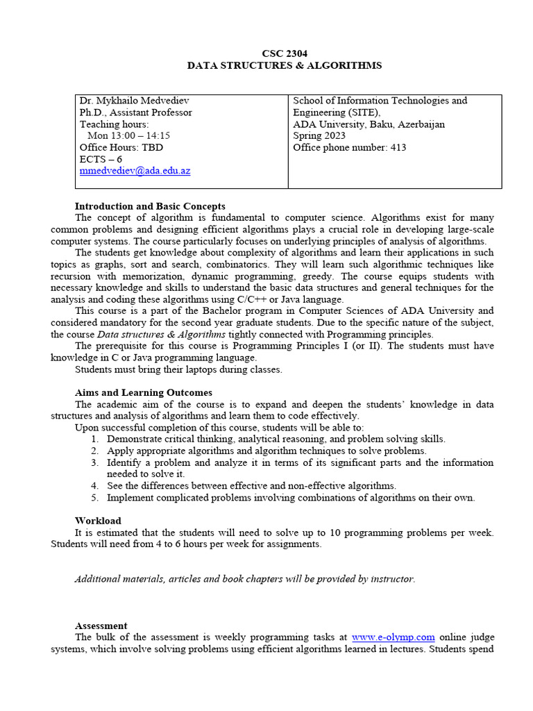 DSA Course Syllabus - CSC 2304 | PDF | Algorithms | Combinatorics