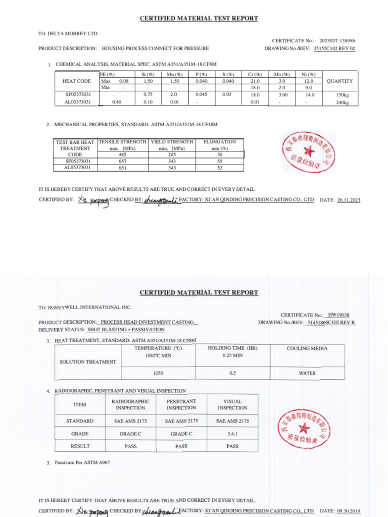 Certified Material Test Report for Delta Mobrey | PDF