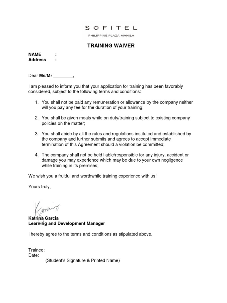 Training Waiver Agreement Template Pdf Career Growth