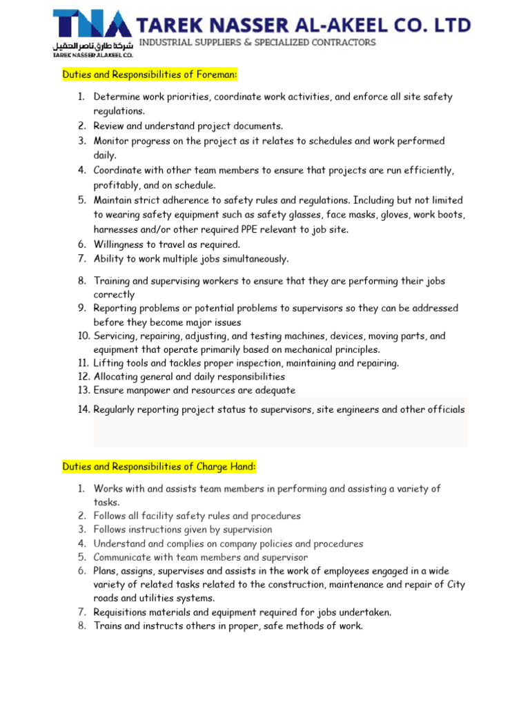 Duties and Responsibilities PDF Personal Protective Equipment