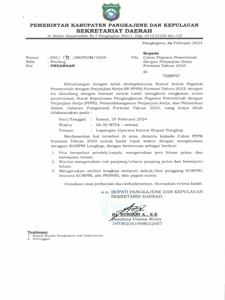 173 Undangan Penyerahan Sk Pppk Formasi Th 2023 Peserta Pdf