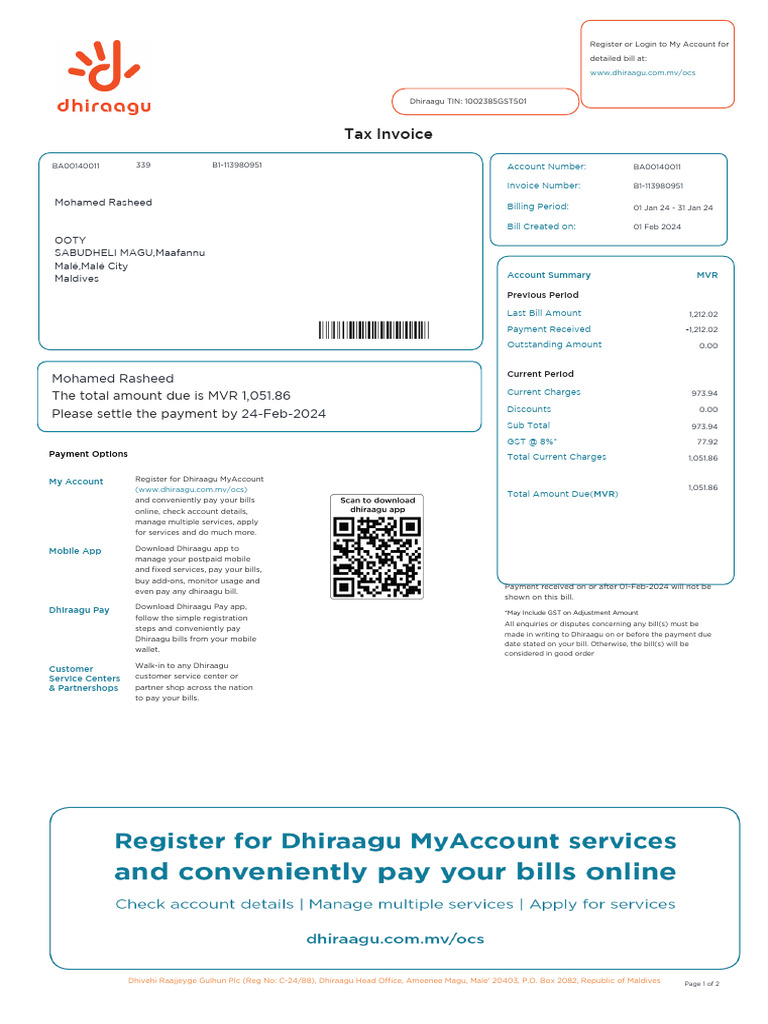 Dhiraagu Invoice and Account Info | PDF | Service Industries | Payments