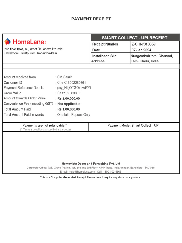 Homelane Payment Receipt Details | PDF | Finance & Money Management