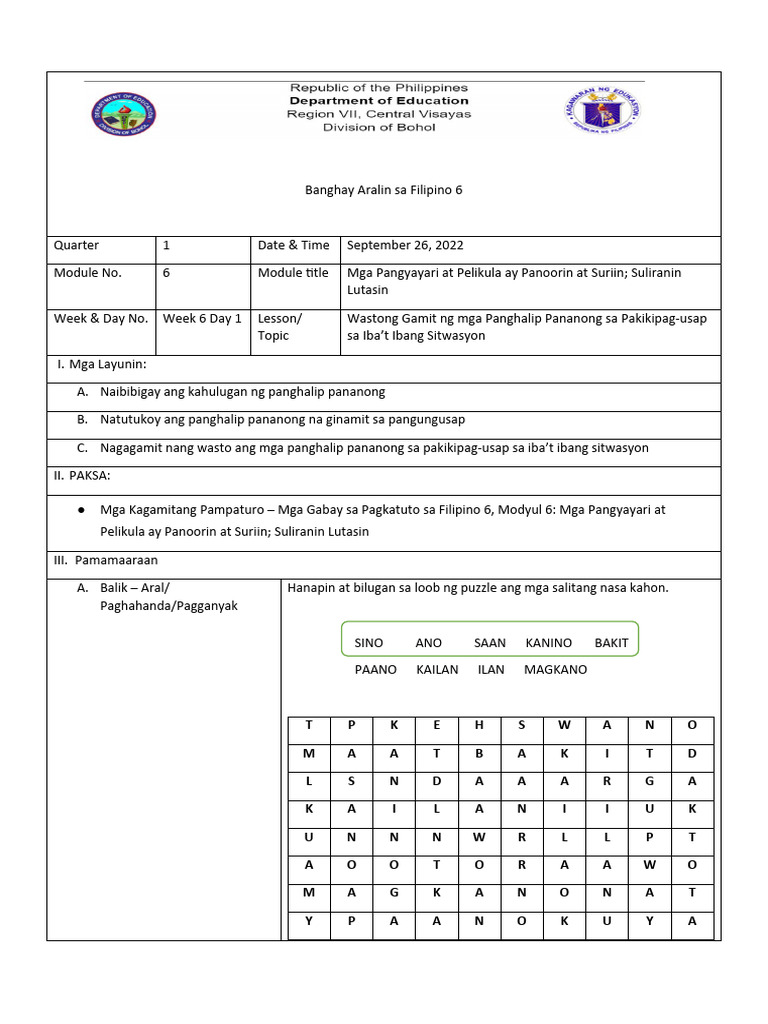 Daily Lesson Guide in Fil. 6 W6 Day1 4 | PDF