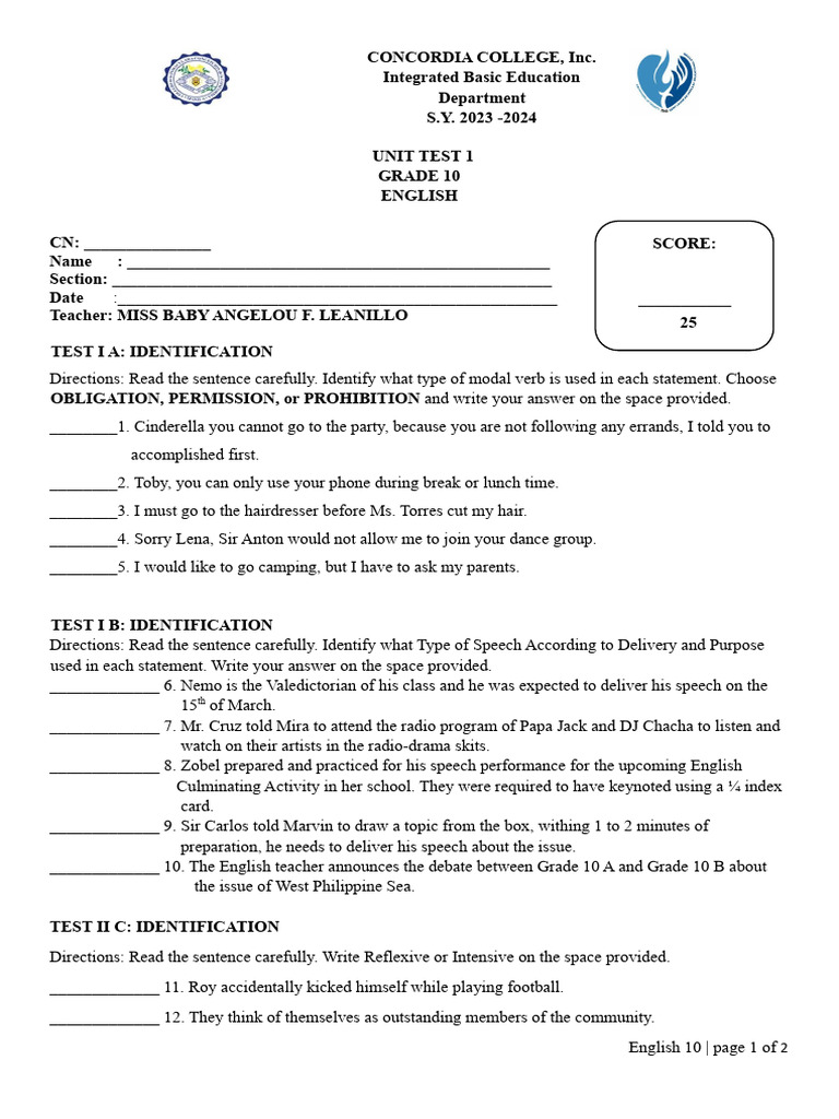 Grade 10 English Unit Test | PDF | Paris (Mythology) | Helen Of Troy