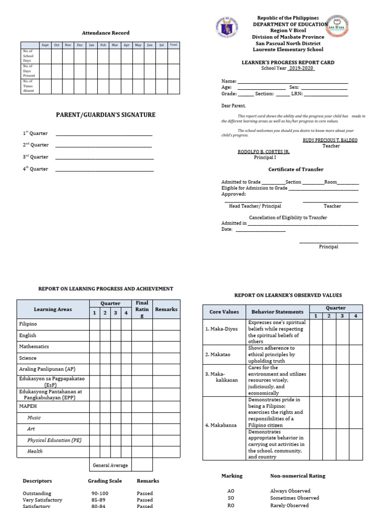 Sf 9 Es Learner S Progress Report Card Pdf Learning
