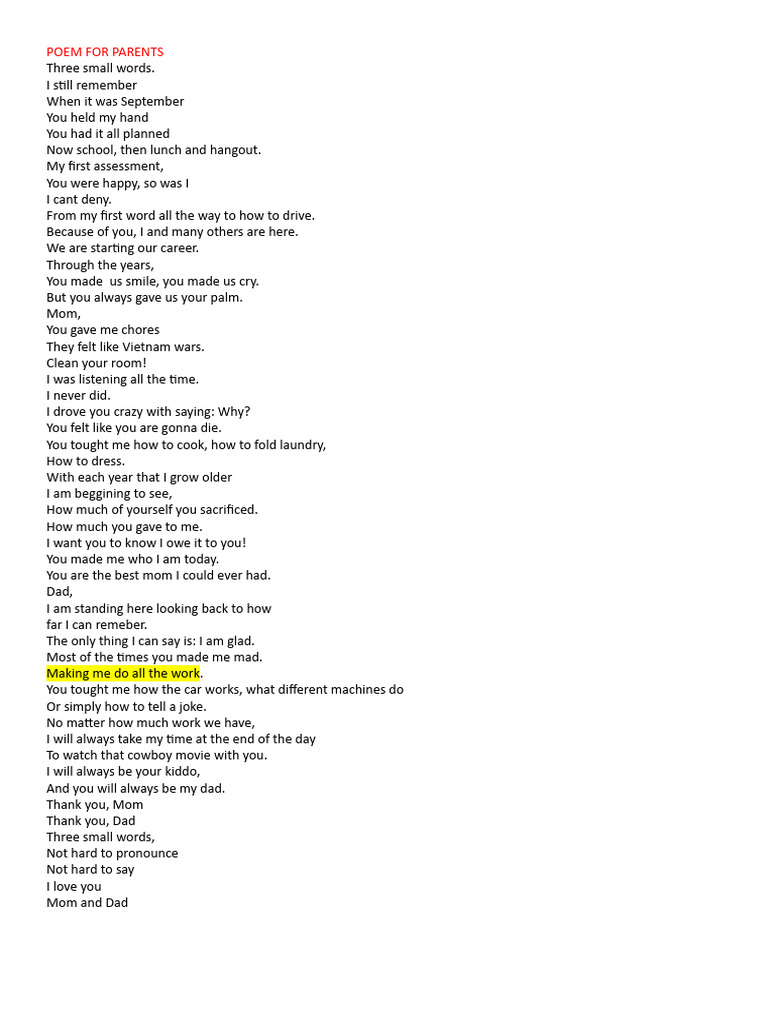 POEM FOR PARENTS | PDF