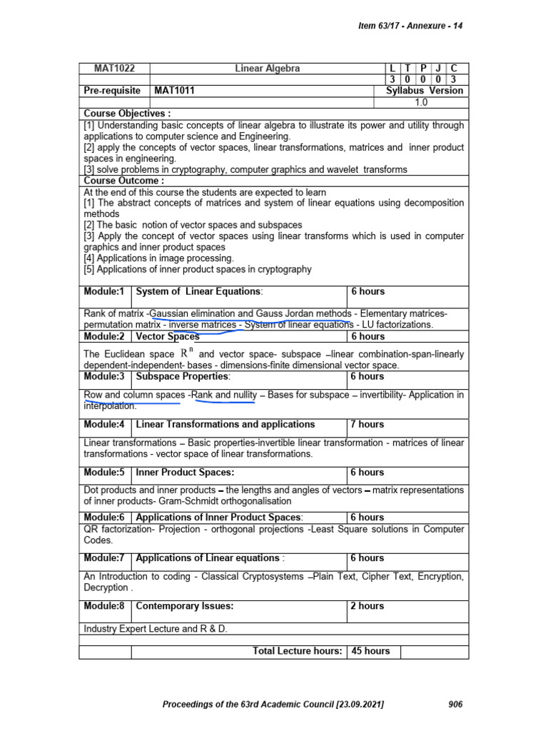 Linear Algebra Course Syllabus MAT1022 | PDF | Matrix (Mathematics ...