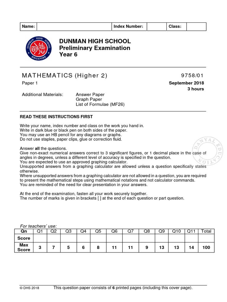 A Level H2 Math Dunman High Jc2 Prelim 2018 Download Free Pdf