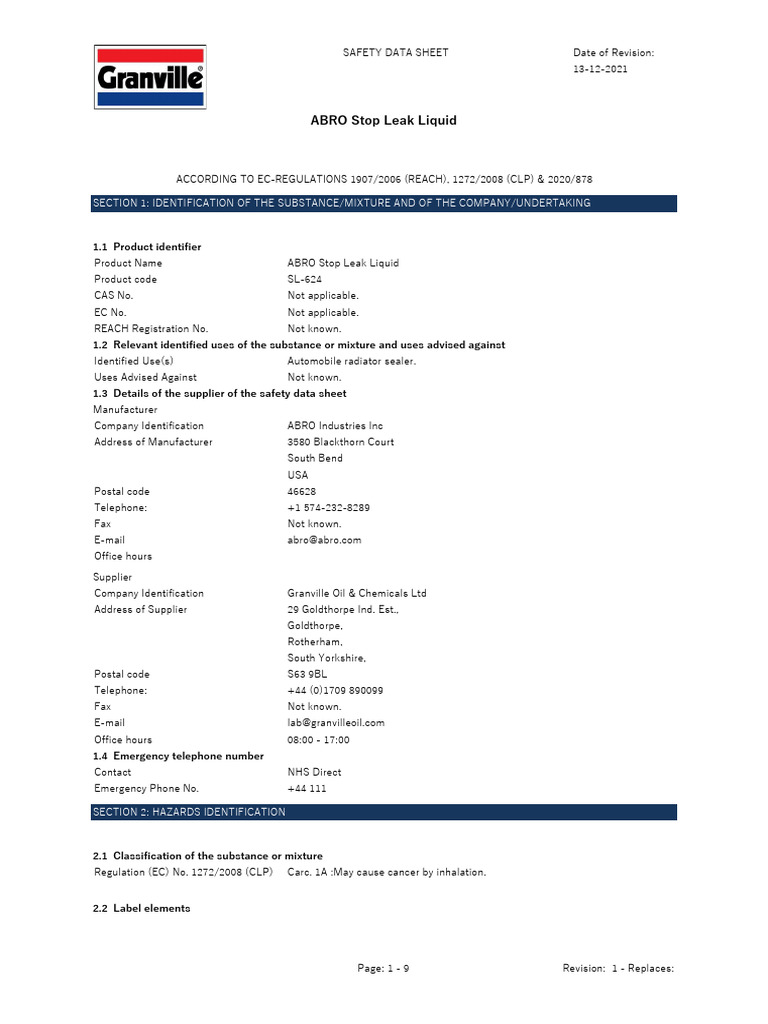 Abro Stop Leak Liquid SDS | PDF | Toxicity | Personal Protective Equipment