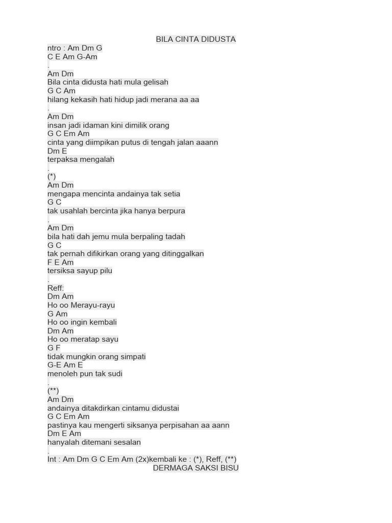 Lirik dan Chord "Bila Cinta Didusta" | PDF