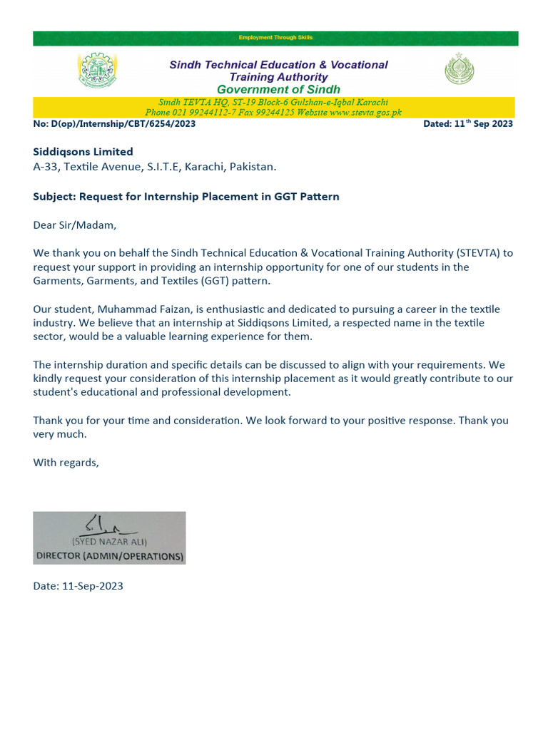 Internship Request for Textile Student | PDF