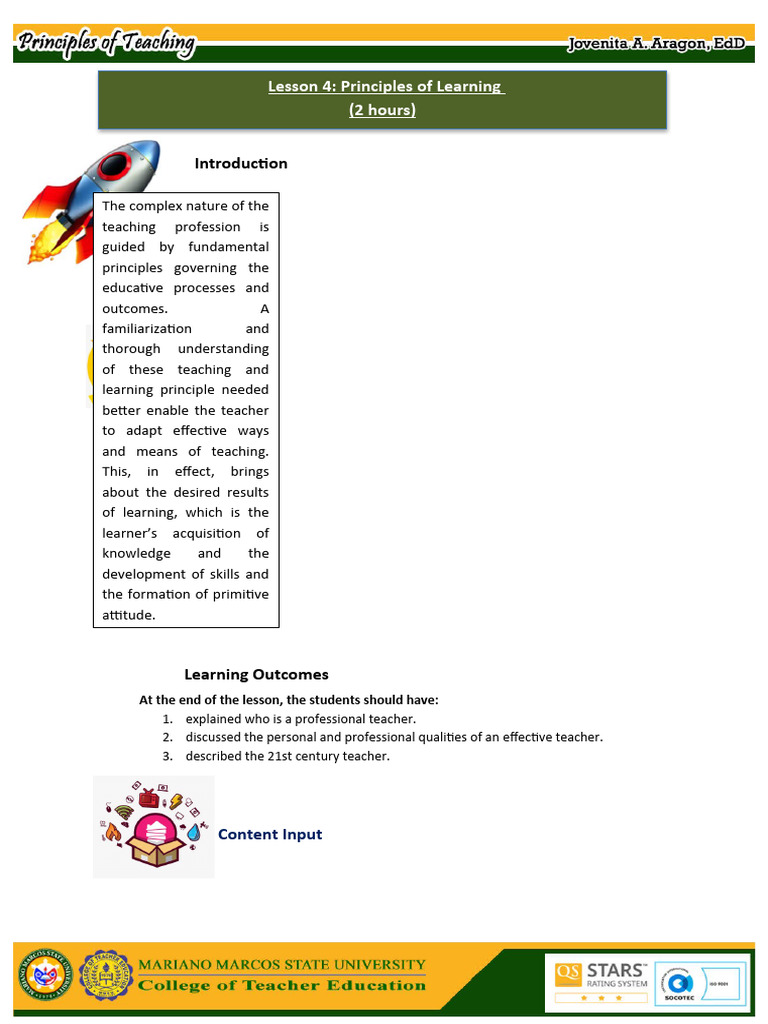 Lesson-IV The Learning Principles | PDF | Learning | Teachers