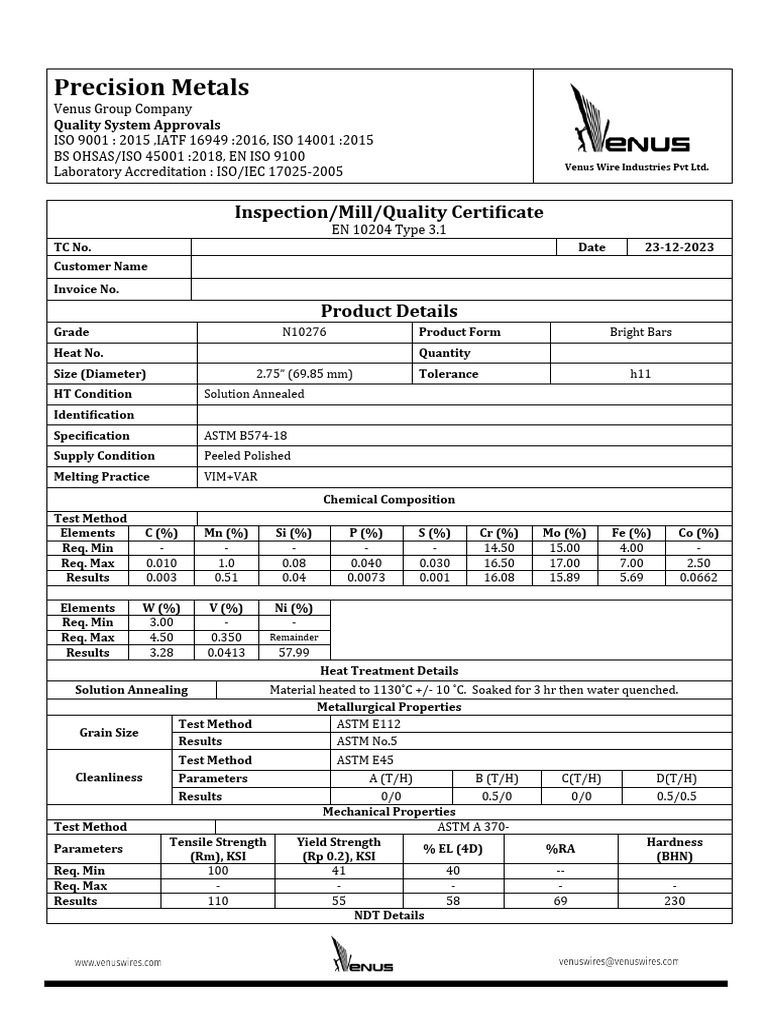 MTC Report for N10276 Bright Bars | PDF | Materials | Materials Science
