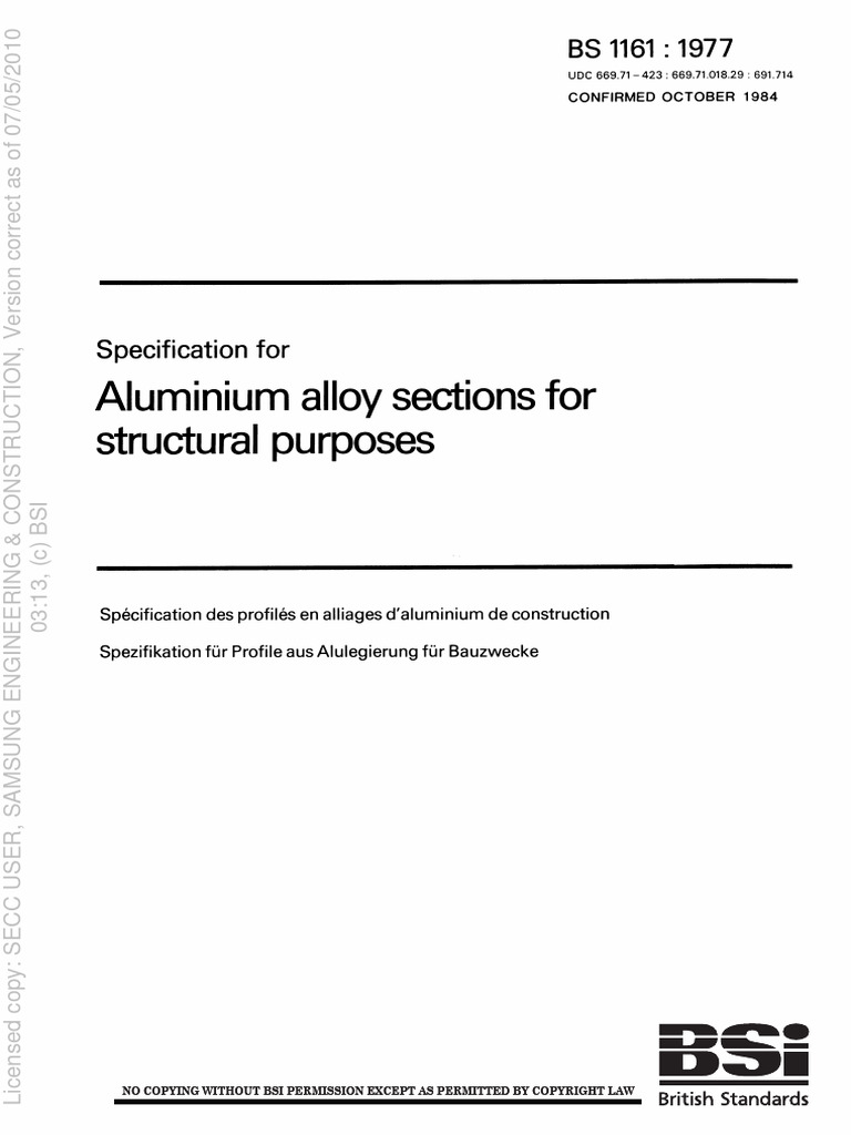 BS 1161-1977 Aluminium Alloy Sections For Structural Purposes | PDF