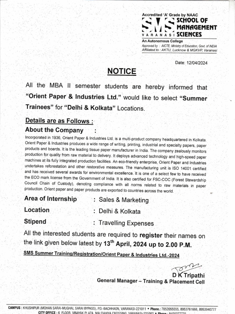 Orient Paper & Industries Ltd. - Summer Training - Notice | PDF