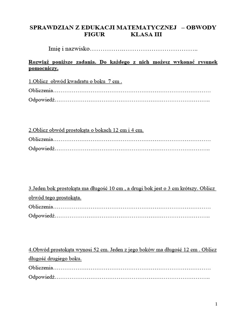 Sprawdzian Klasa 2 Edukacja Matematyczna SPRAWDZIAN Z EDUKACJI MATEMATYCZNEJ -kl 3 obwody figur | PDF