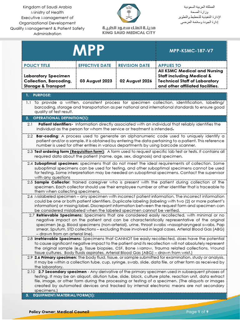 Laboratory Specimen Handling Policy | PDF | Laboratories | Patient Safety