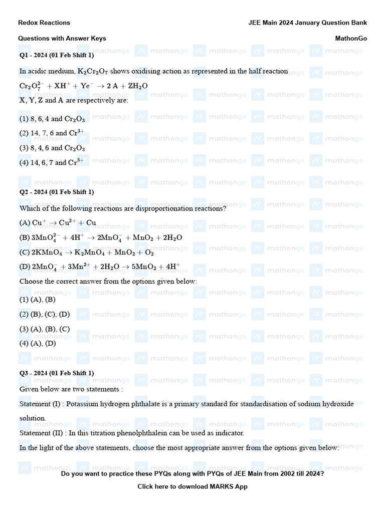 JEE Main 2024 Redox Reaction Questions | PDF | Titration | Chemistry